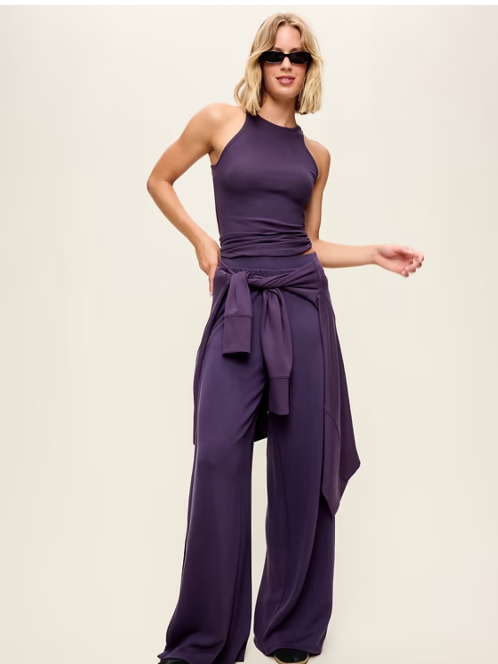 Set of Wide Leg Pull-On Pants in Deep Plum with tank top